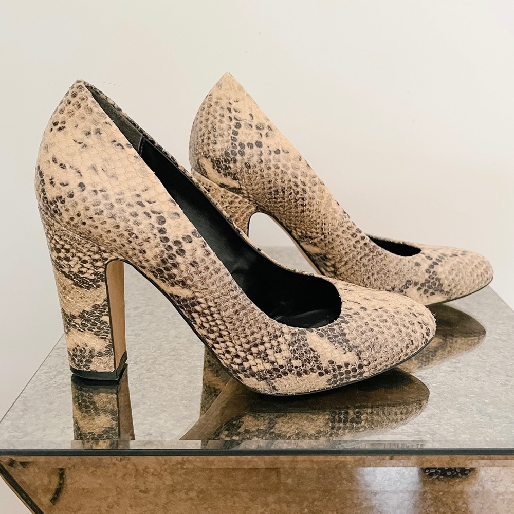 Dune London snake print block heel pumps, 4” heel, size 39 (8.5)